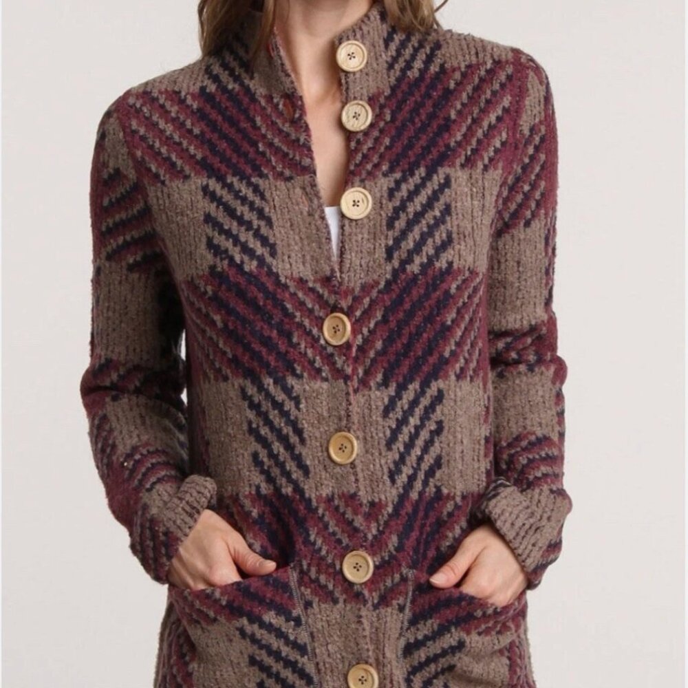 FREE PEOPLE Polly Magoo Long Cardigan Sweater Purple Navy Plaid Wool Retail $248